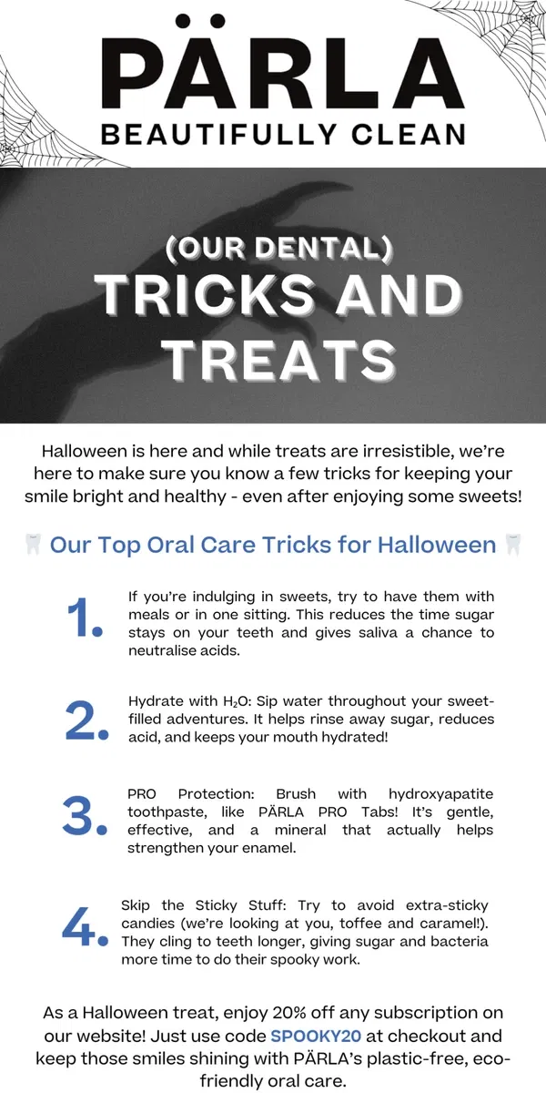 Email from PÄRLA. 🎃 Spooky Tricks for a Healthier Smile & a Halloween Treat! 🦷🍬