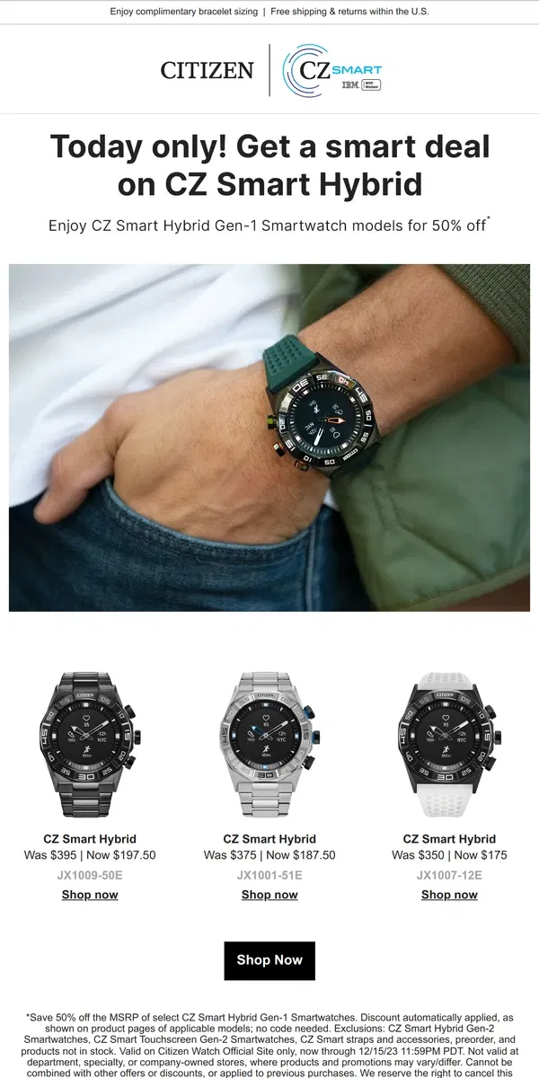 Email from Citizen Watch. Today Only! Save 50% Off CZ Smart Hybrid Gen-1 Smartwatches