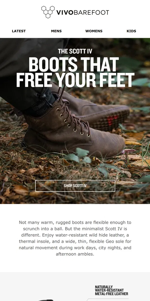 Email from Vivobarefoot. Scott IV: rugged, playful boots