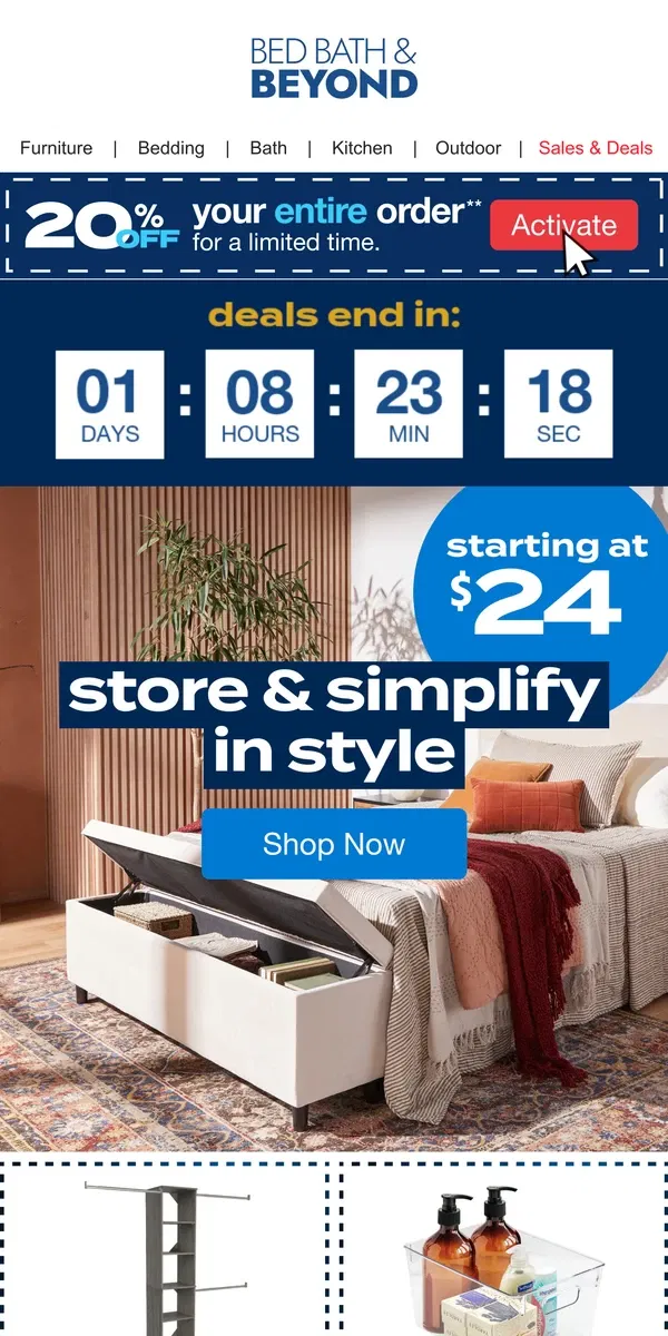 Email from Bed Bath & Beyond. Storage Solutions Starting at $24 to Simplify in Style 🪄