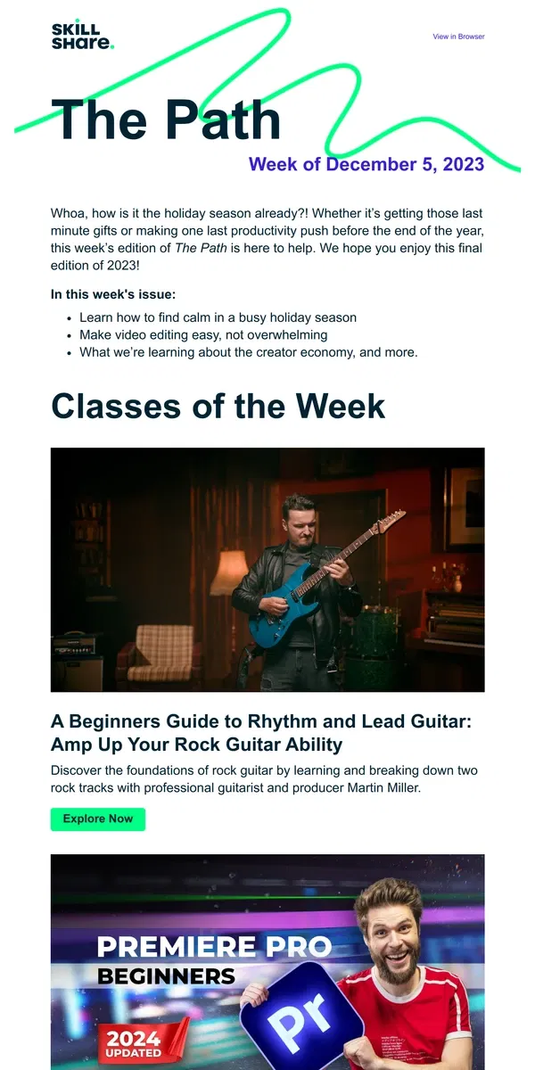 Email from Skillshare. The Path: Issue 005 - Gifts for creatives, rock guitar for beginners, and class picks made just for you