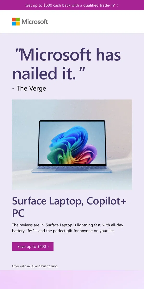 Email from Microsoft Store. Surface Copilot+ PC reviews are in