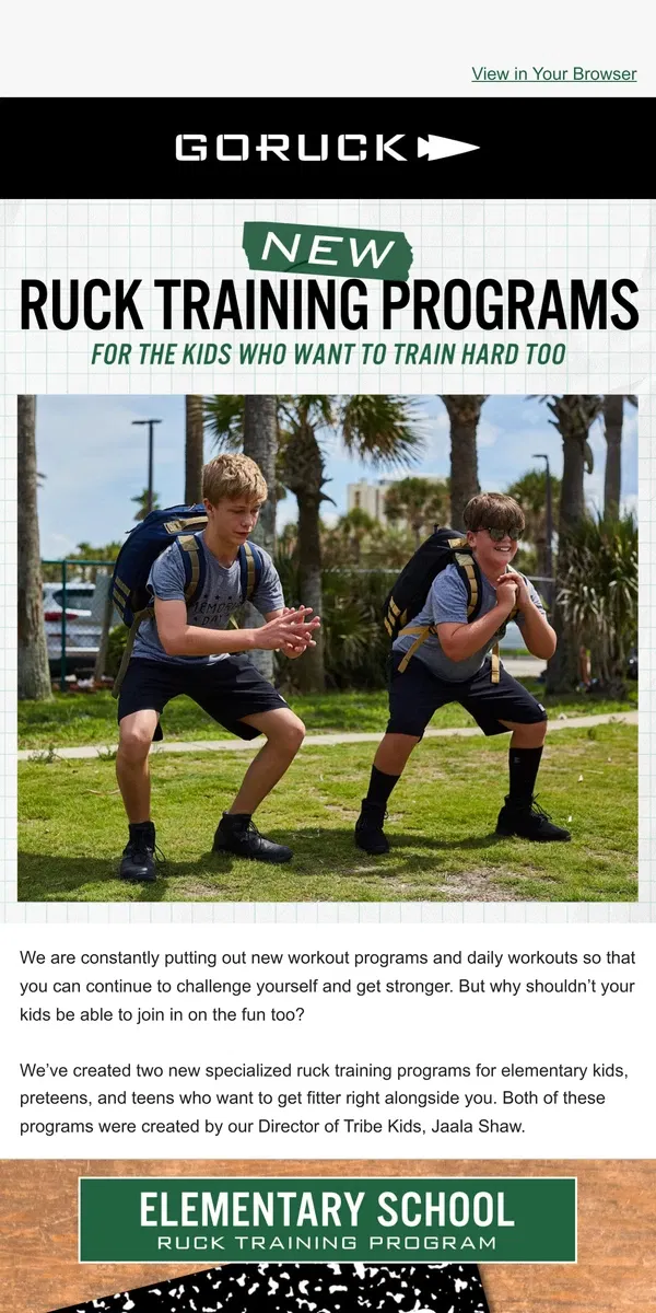 Email from GORUCK. Programs for Kids Who Want to Start Ruck Training