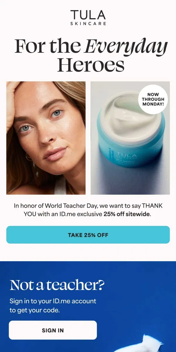 Email from TULA Skincare. Thank you, teachers!