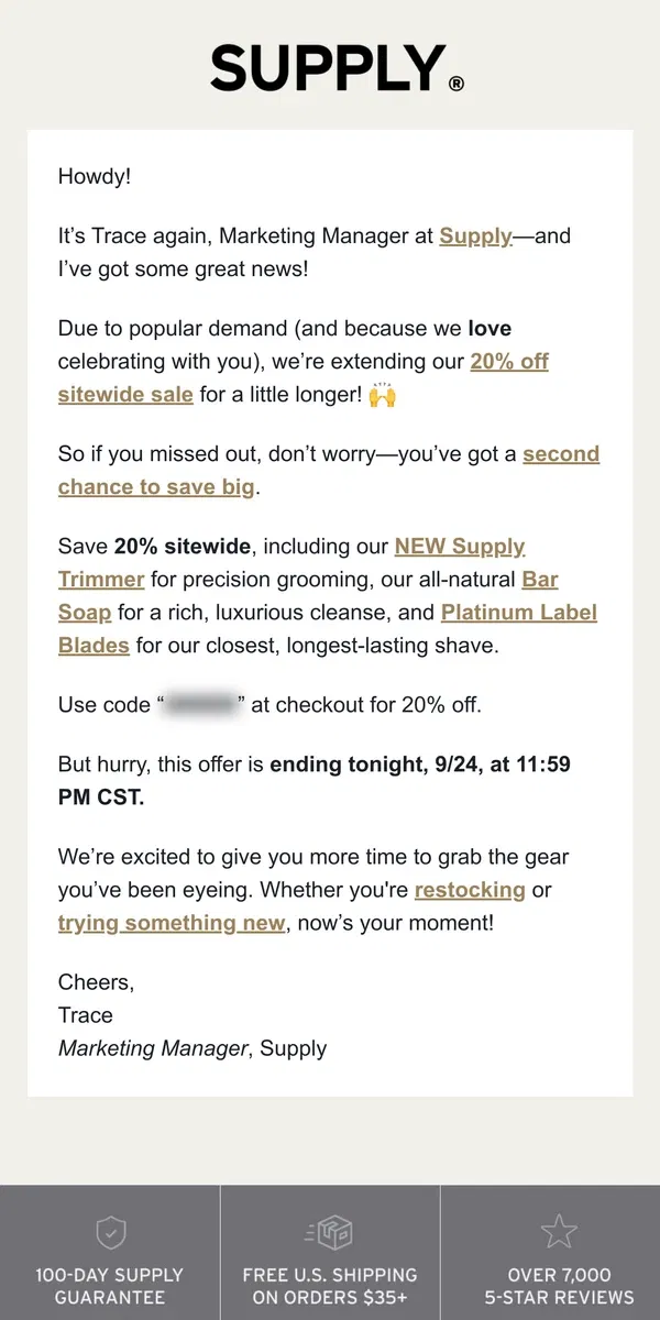 Email from Supply. Great News! 20% OFF Extended