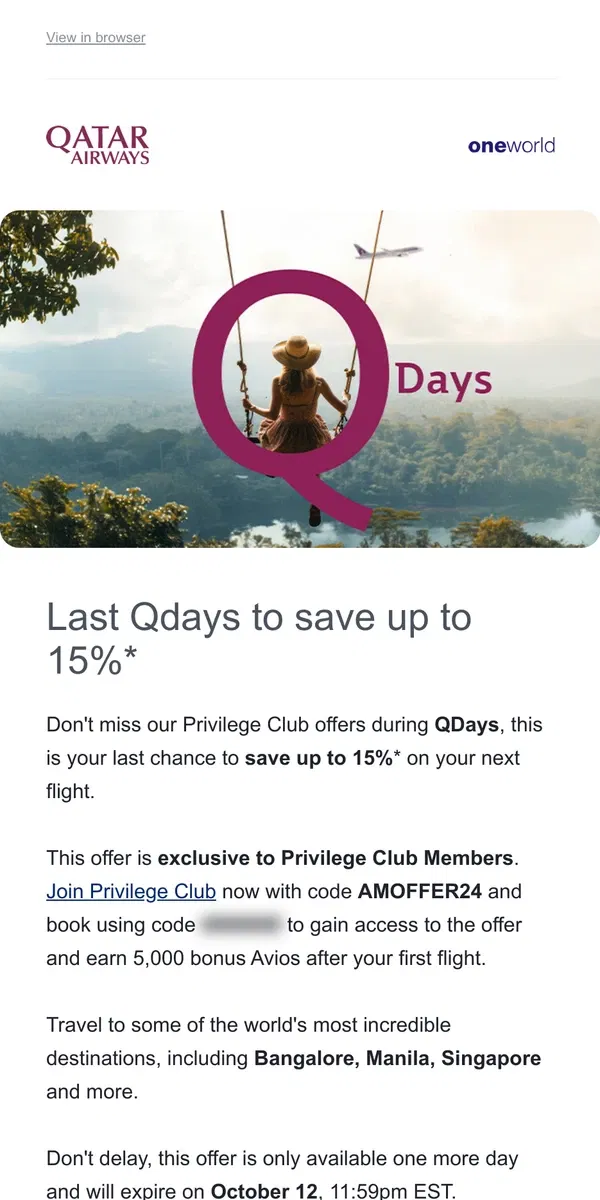 Email from Qatar Airways. Last day to enjoy up to 15%* off on your next flight