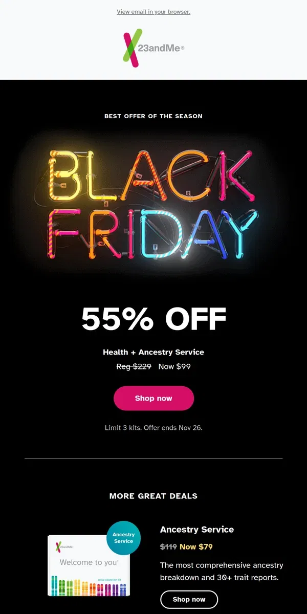 Email from 23andMe. Black Friday offers start now