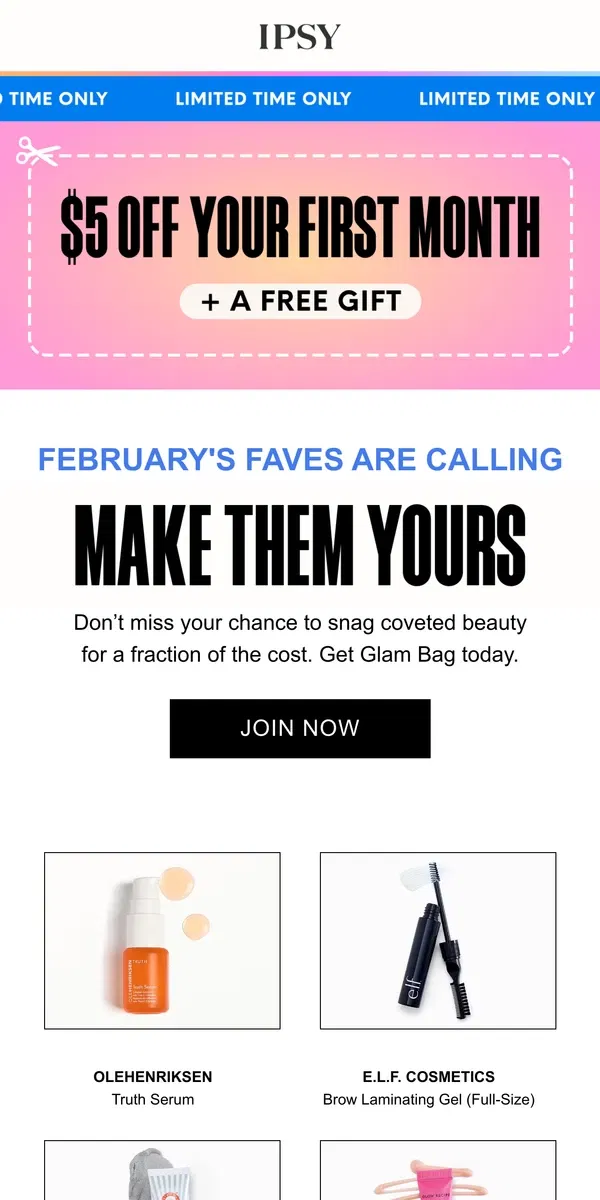 Email from BoxyCharm by IPSY. Surprise! Get $5 off your first Glam Bag