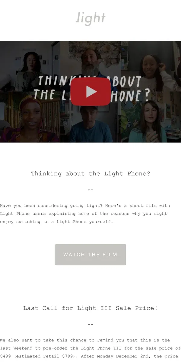 Email from The Light Phone. Thinking about the Light Phone? ✨