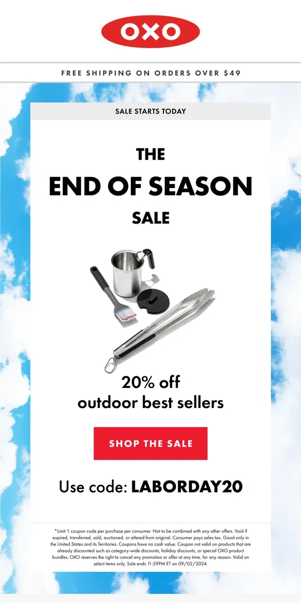 Email from OXO. 20% off select outdoor favorites