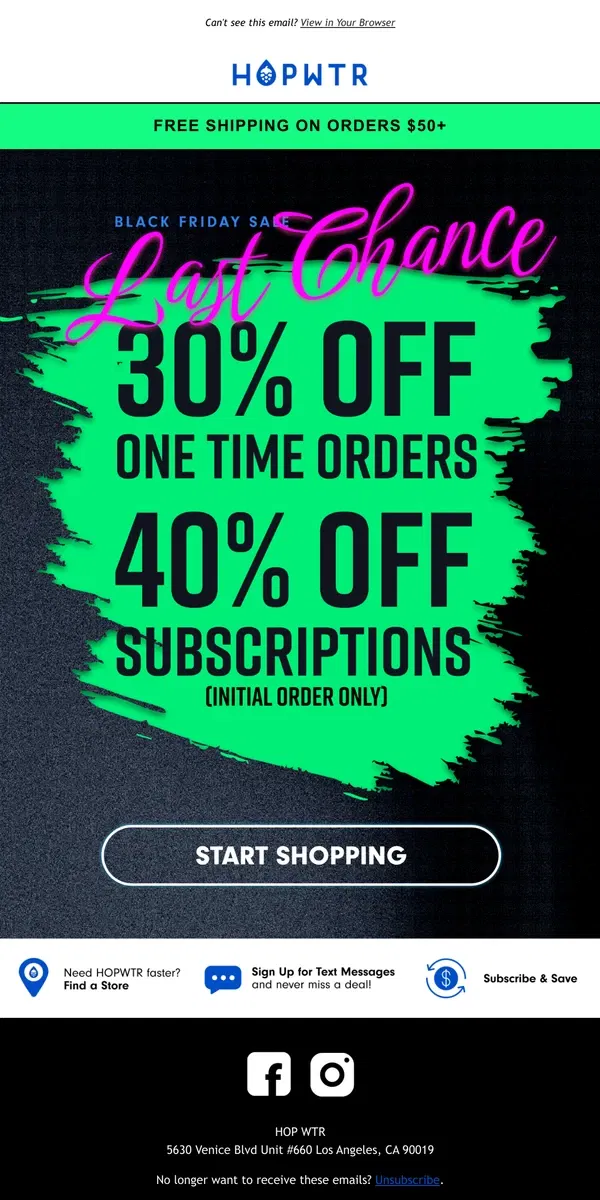 Email from HOP WTR. Last Chance for Black Friday Savings!