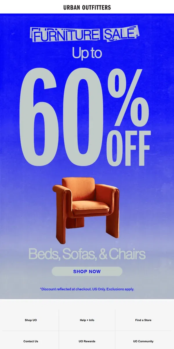 Email from Urban Outfitters. Furniture Sale · Up to 60% OFF