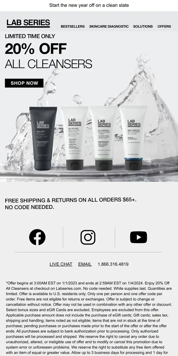 Email from Lab Series. 20% Off Your Favorite Cleanser!