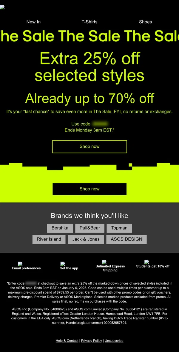 Email from ASOS. Final Sale: extra 25% off selected styles