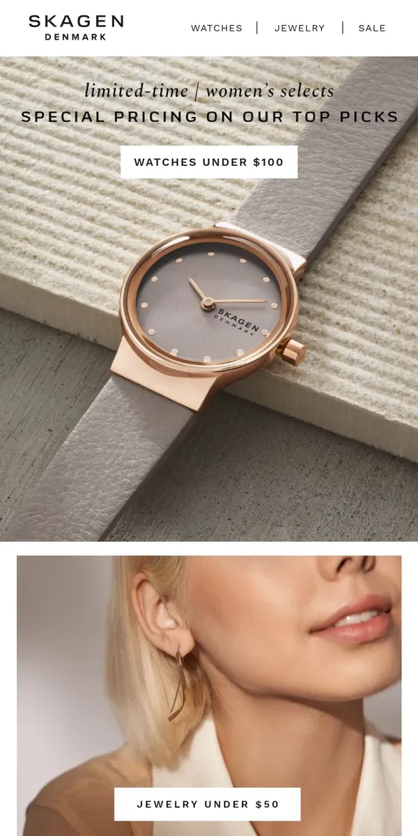 Email from Skagen. women's modernist pieces at a savings.