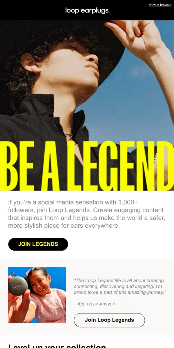 Email from Loop Earplugs. Join Loop Legends