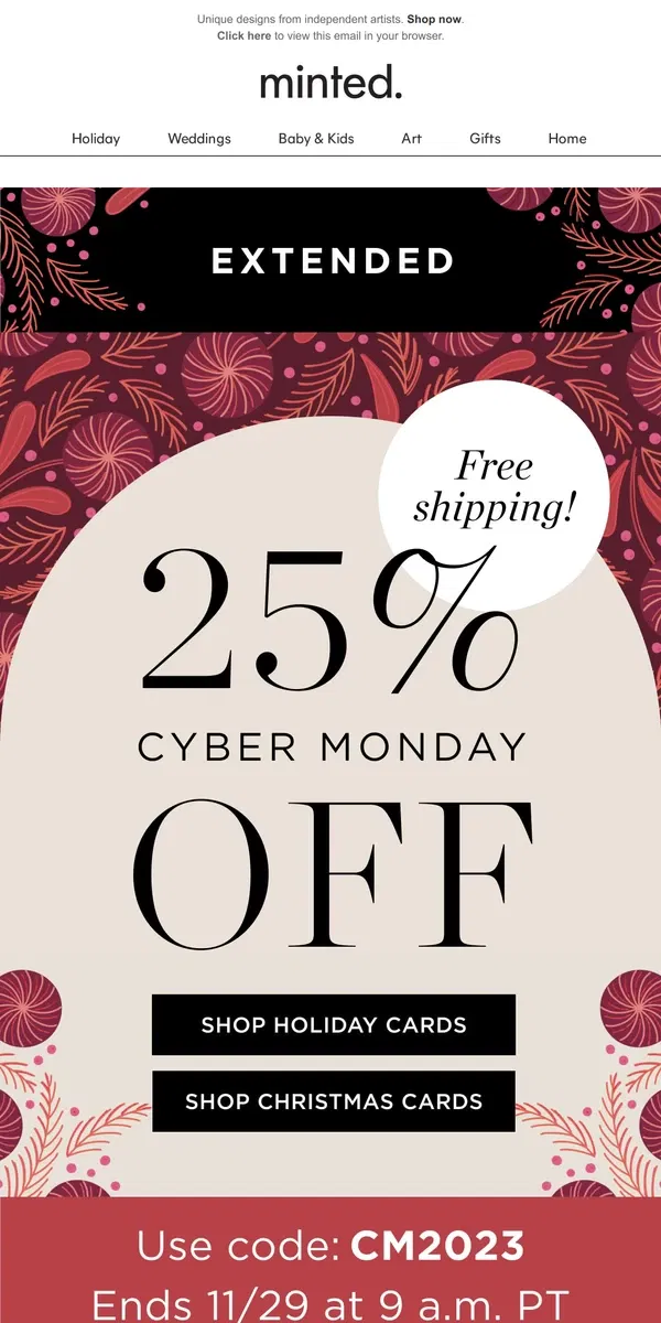 Email from Minted. One more day: 25% off sitewide