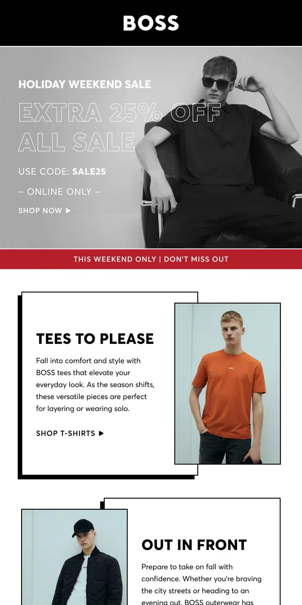 Email from HUGO BOSS. Extra 25% Off Classic BOSS Style