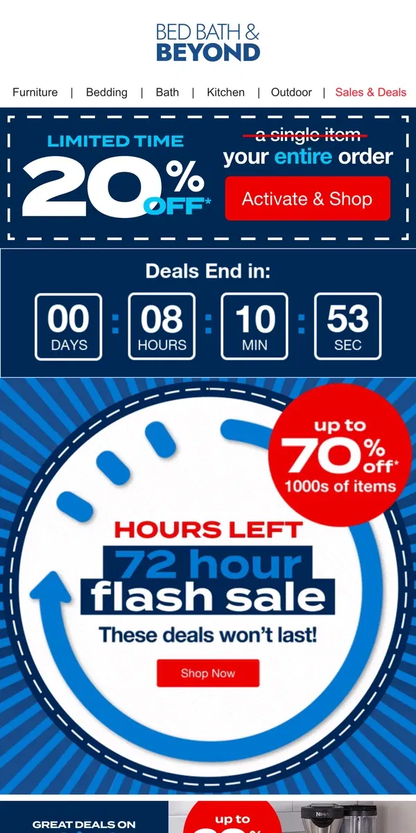 Email from Bed Bath & Beyond. 🚨⏳🚨 HOURS Remain for 70% Off 1000s of Items 🚨⏳🚨