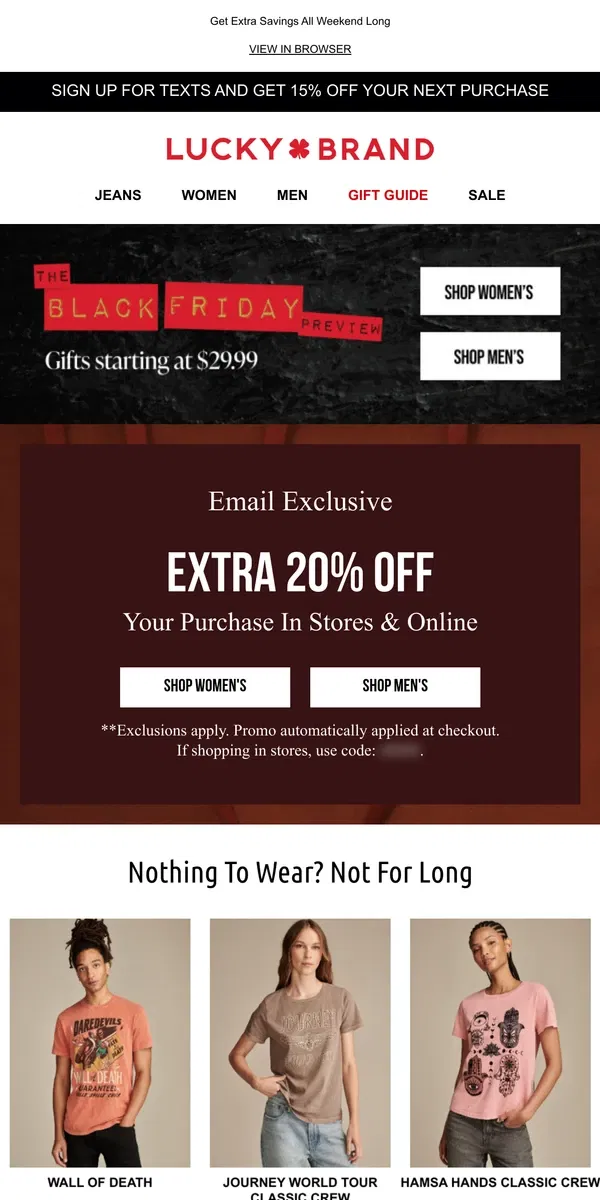 Email from Lucky Brand. 20% Off Your Purchase, PLUS $29.99 Gifts Inside!