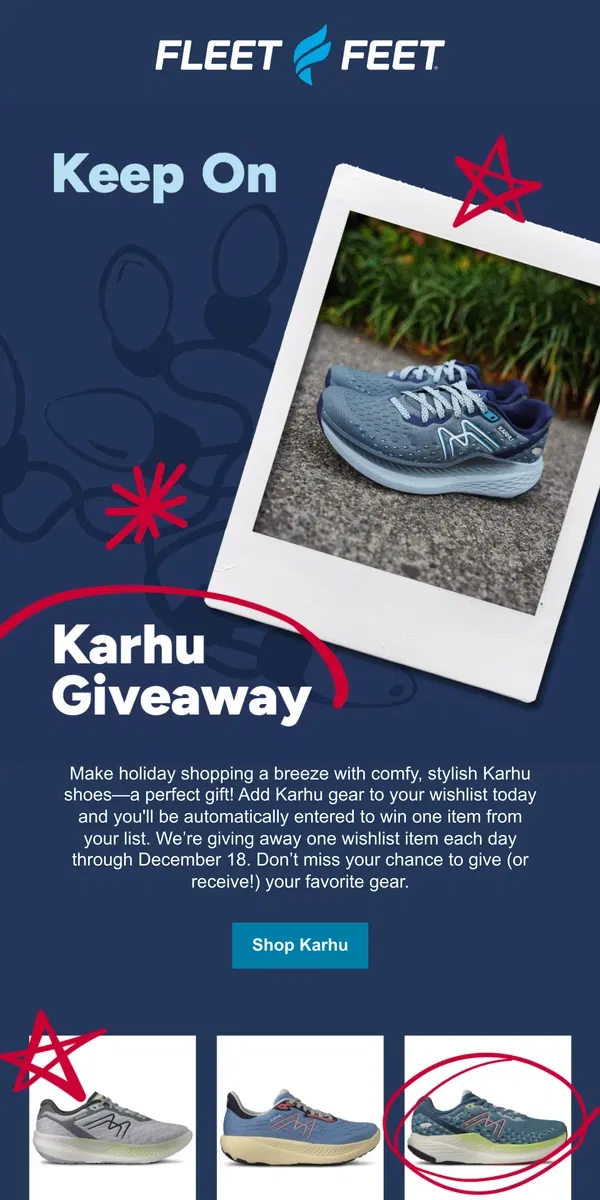 Email from Fleet Feet. Kick it with Karhu