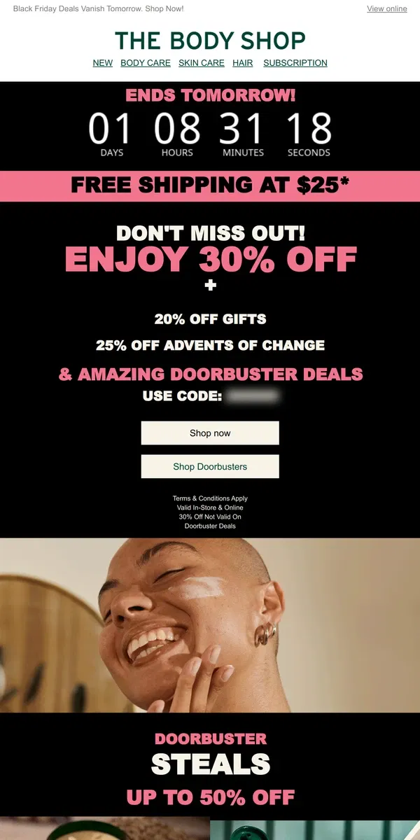 Email from The Body Shop. Act Now! Black Friday Ends Tomorrow!