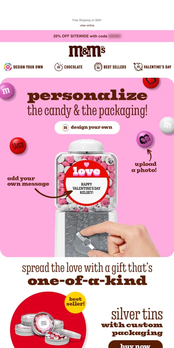 Email from M&M's. 20% OFF to Personalize the Perfect Gift!