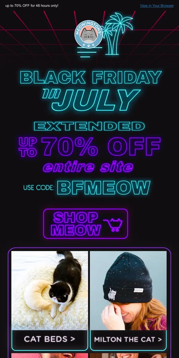 Email from Meowingtons. BLACK FRIDAY IN JULY 🖤⚡️ EXTENDED