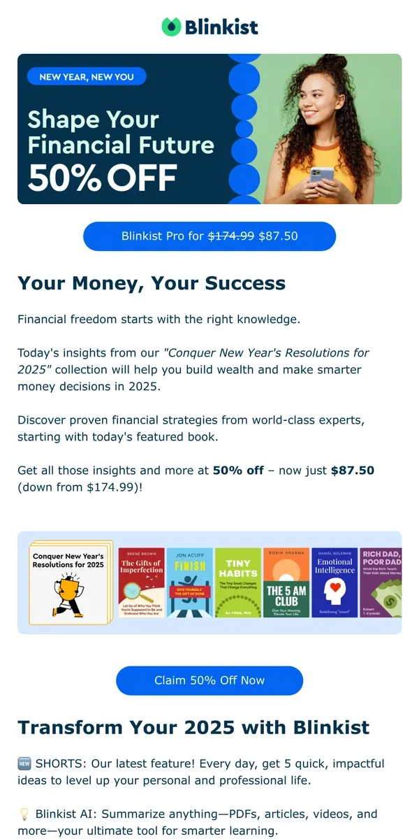 Email from Blinkist. 50% Off Blinkist: Master Your Money in 2025