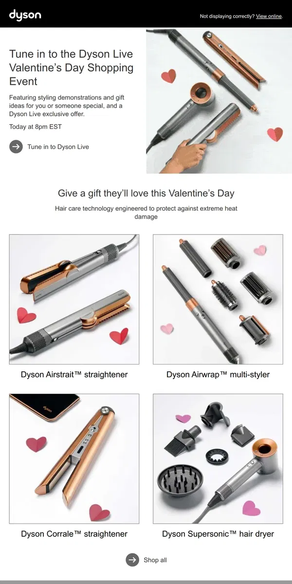 Email from Dyson. Tune in to Dyson Live today at 8pm EST