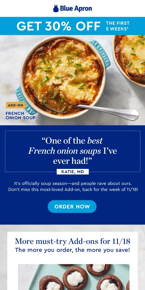 Email from Blue Apron. Need comfort food right now? SAME.