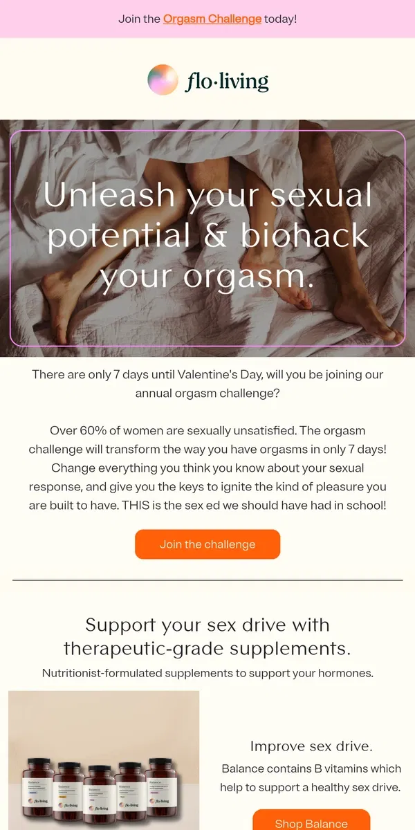 Email from FLO Living. Time to spice things up with our orgasm challenge! 🔥💘