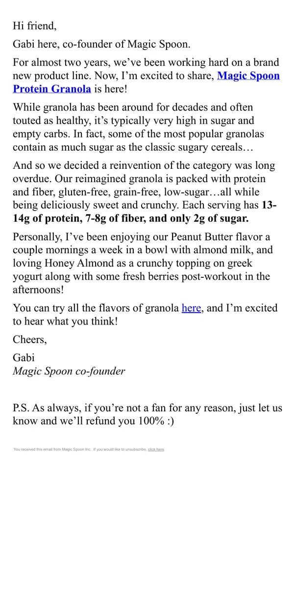 Email from Magic Spoon Cereal. Introducing... our BRAND NEW Protein Granola!