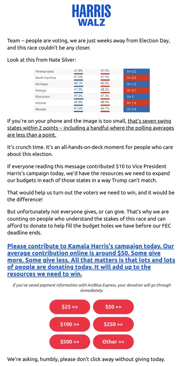 Email from Kamala Harris. Nate Silver’s chart