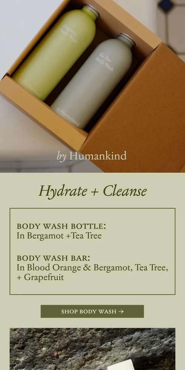 Email from by Humankind. Hydrate + Cleanse