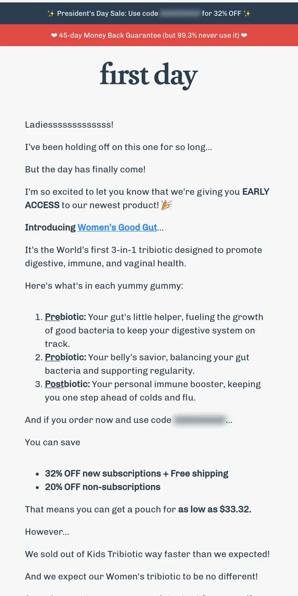 Email from First Day. VIP ACCESS – Meet Women’s Good Gut 💕