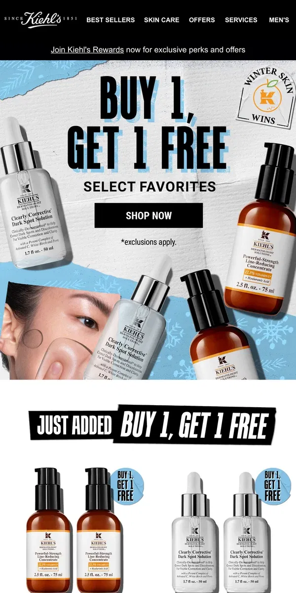 Email from Kiehl's. ❄️Starts NOW: Buy 1, Get 1 FREE!❄️