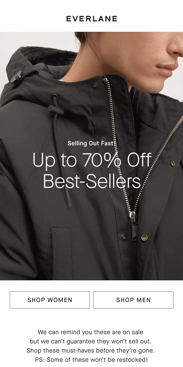 Email from Everlane. Don’t Miss Out: Up to 70% Off Best-Selling Styles