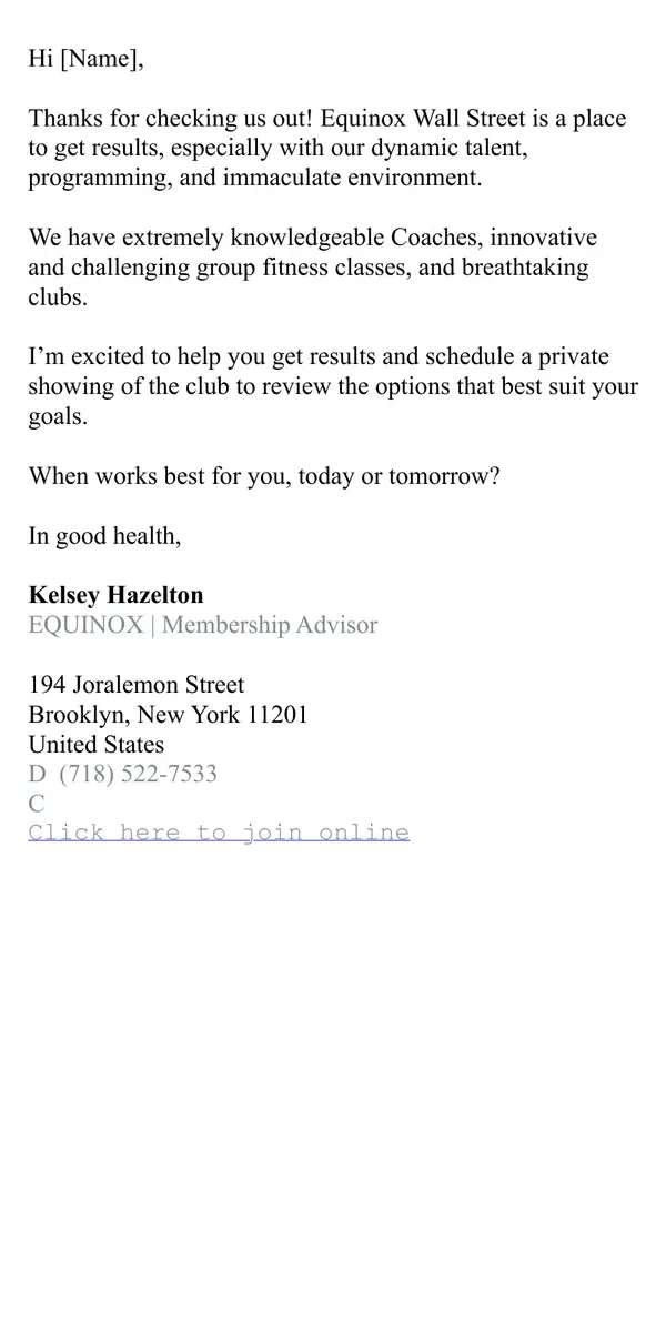 Email from Equinox. Meeting with Kelsey Hazelton at Equinox Brooklyn Heights