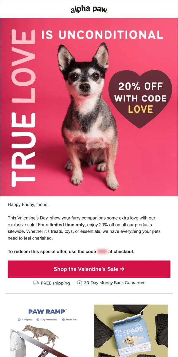 Email from Alpha Paw. ❤️ Valentine's Sale! Get 20% Off Everything!