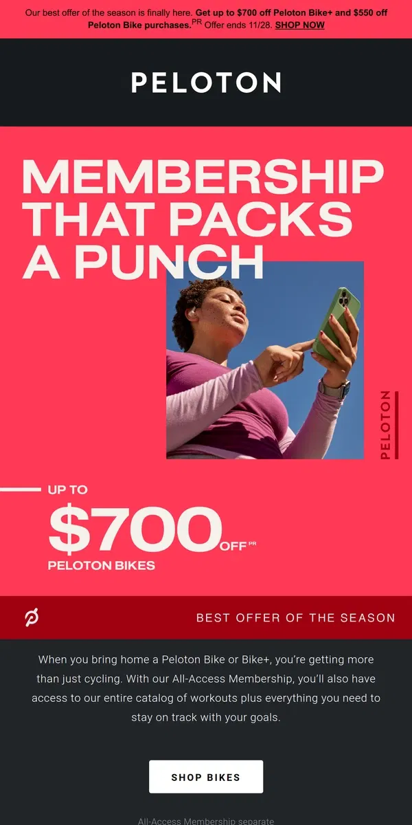 Email from Peloton. Ends 11/28: Up to $700 off Peloton Bikes