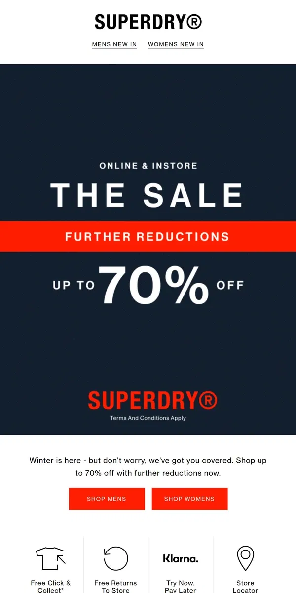 Email from Superdry. Further Reductions: Up to 70% Off