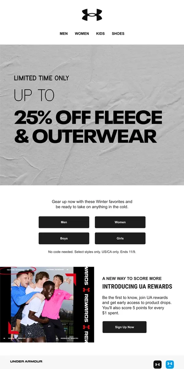 Email from Under Armour. Up to 25% off fleece & outerwear starts now