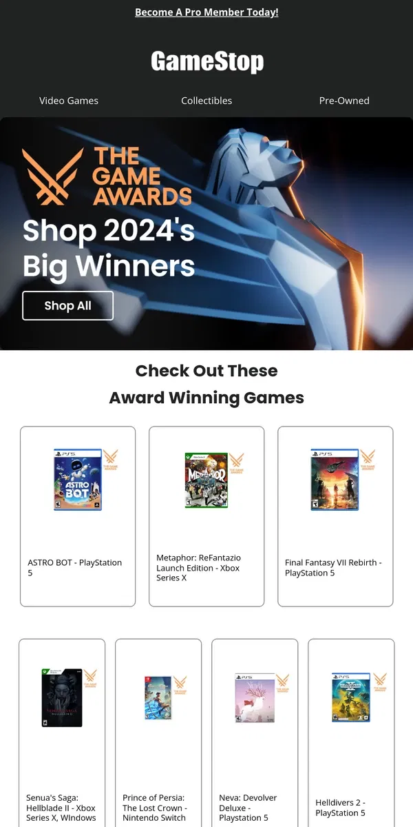 Email from GameStop. 🏆 Shop winners from The Game Awards!