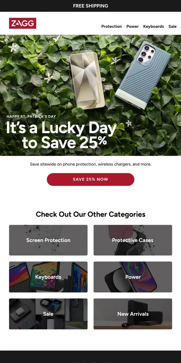 Email from ZAGG. Save 25% Sitewide for St. Paddy’s Day