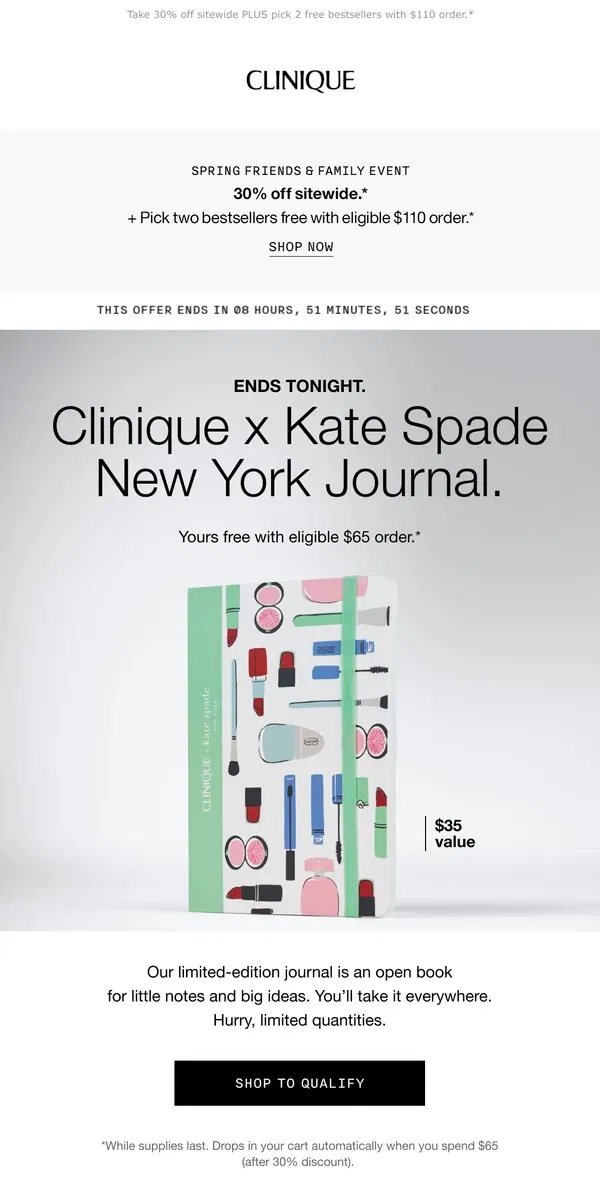 Email from Clinique. FINAL HOURS. Free Clinique x Kate Spade New York Journal with $65 order.