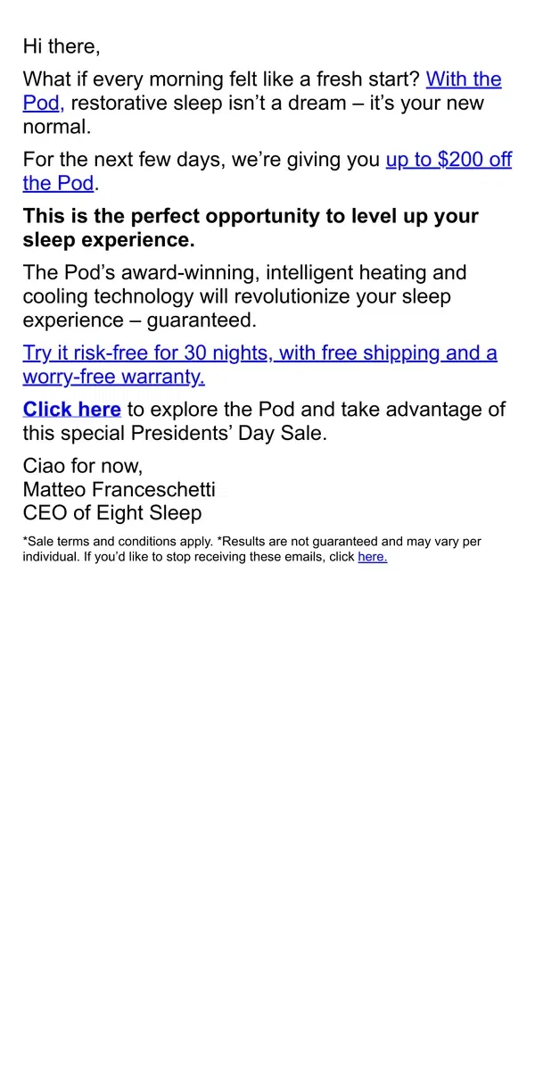 Email from Eight Sleep. My Presidents’ Day gift to you.