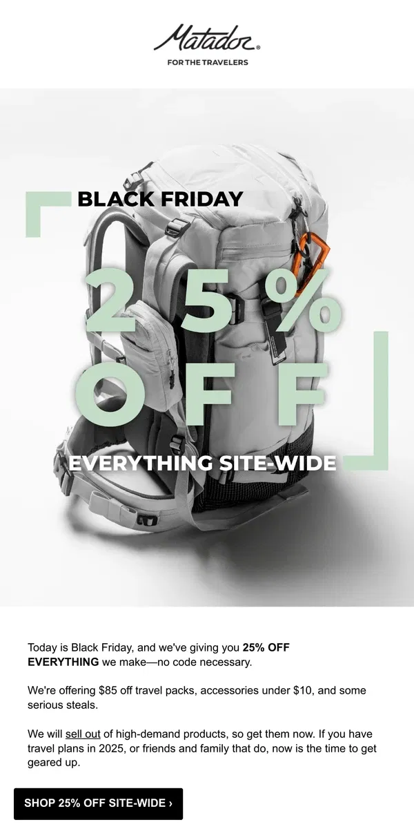 Email from Matador. Black Friday: 25% Off Everything We Make