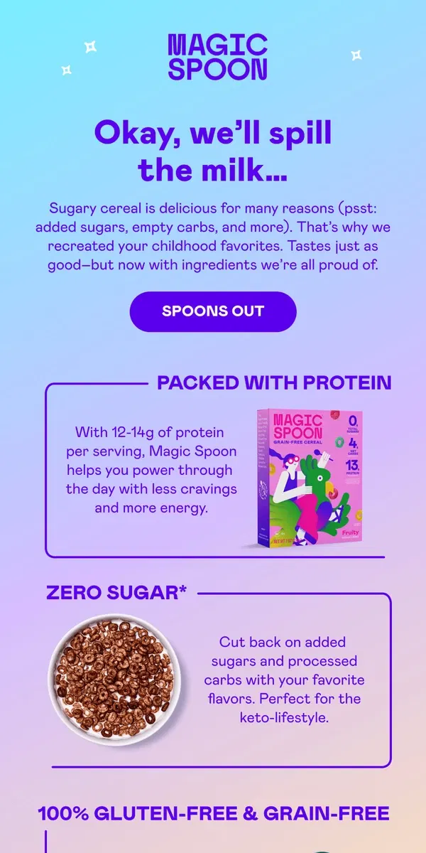 Email from Magic Spoon Cereal. Standouts in the cereal aisle