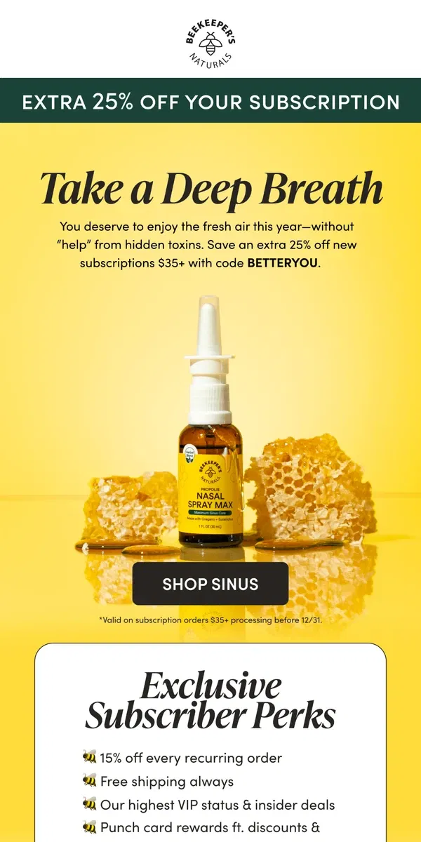 Email from Beekeeper's Naturals. Goal: Less Congestion in 2025 🍃